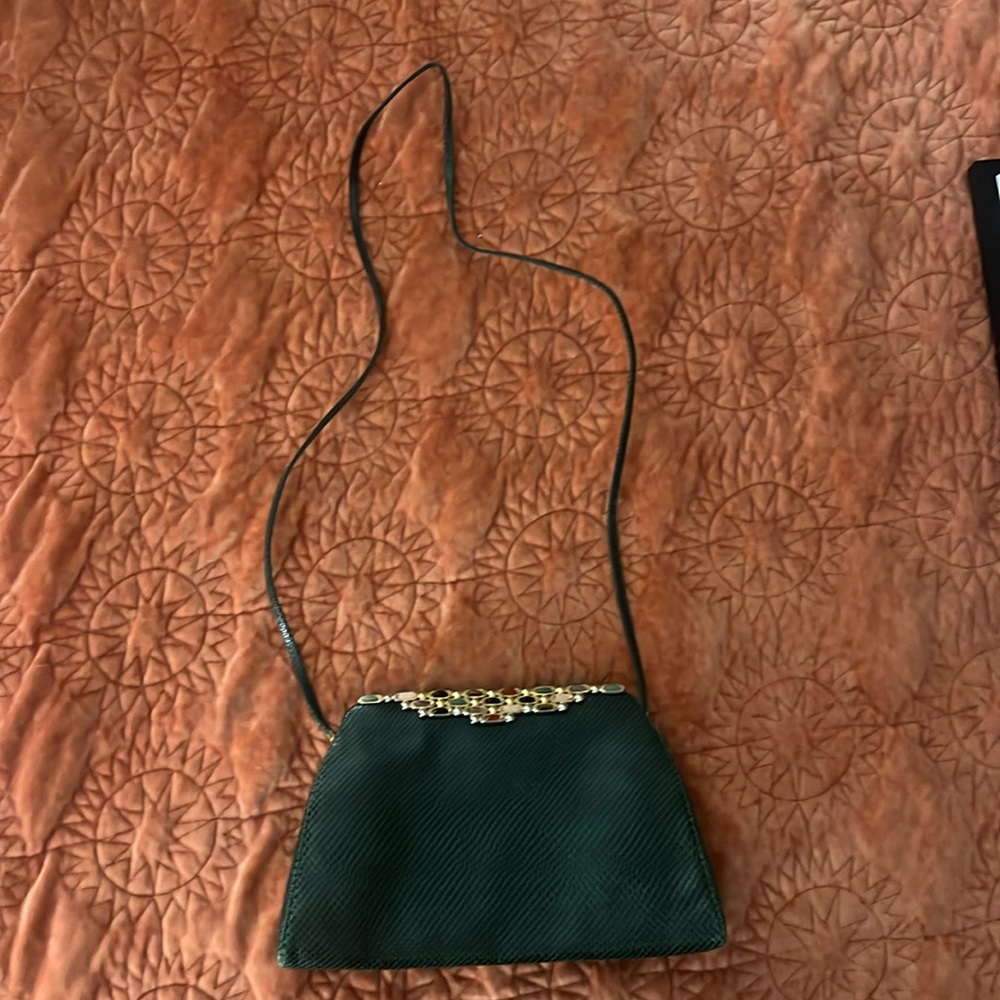 Vintage Judith Leiber emerald snakeskin bag w/strap